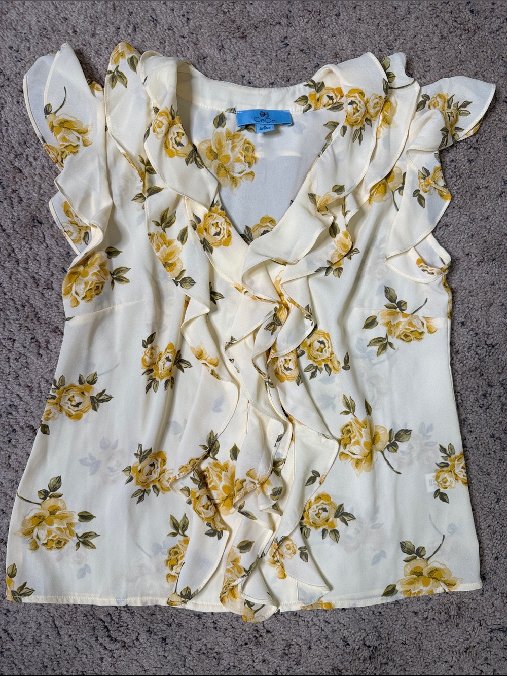 New CeCe Cream Floral Ruffle V-Neck Blouse with Yellow Roses S